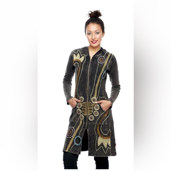 Rising International Women’s Handmade Long Jacket Dress Hoodie Full Zip Sz L - Picture 1 of 13